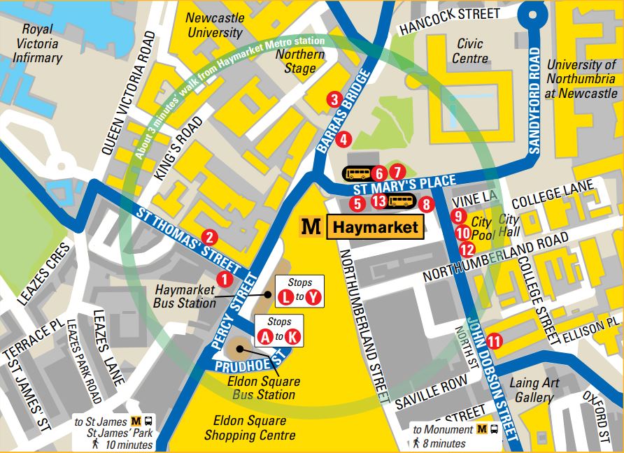 Map of the centre of Newcastle upon Tyne showing the location of Haymarket Metro and surrounding streets and landmarks