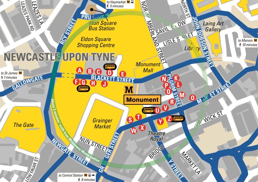 Map of the centre of Newcastle upon Tyne showing the location of Monument Metro and surrounding streets and landmarks